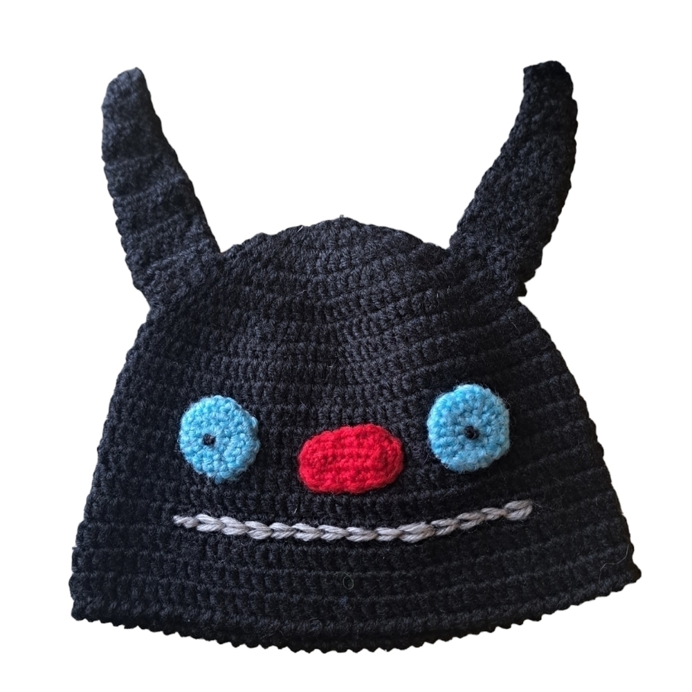 Kids knitted UGLY DOLL hat black funny face ears One Size